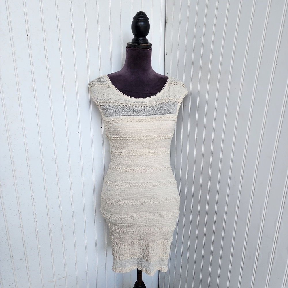 Guess Womens Beige Cream Cap Sleeve Lace Knit Stretch Mini Dress XS